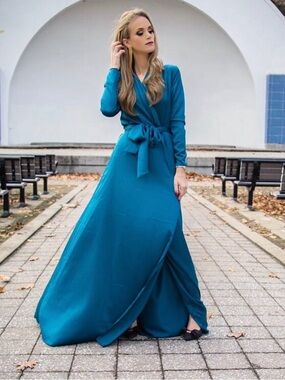 NEVER WORN Elegant Teal Wrap Maxi Dress with Waist Tie. Gown
